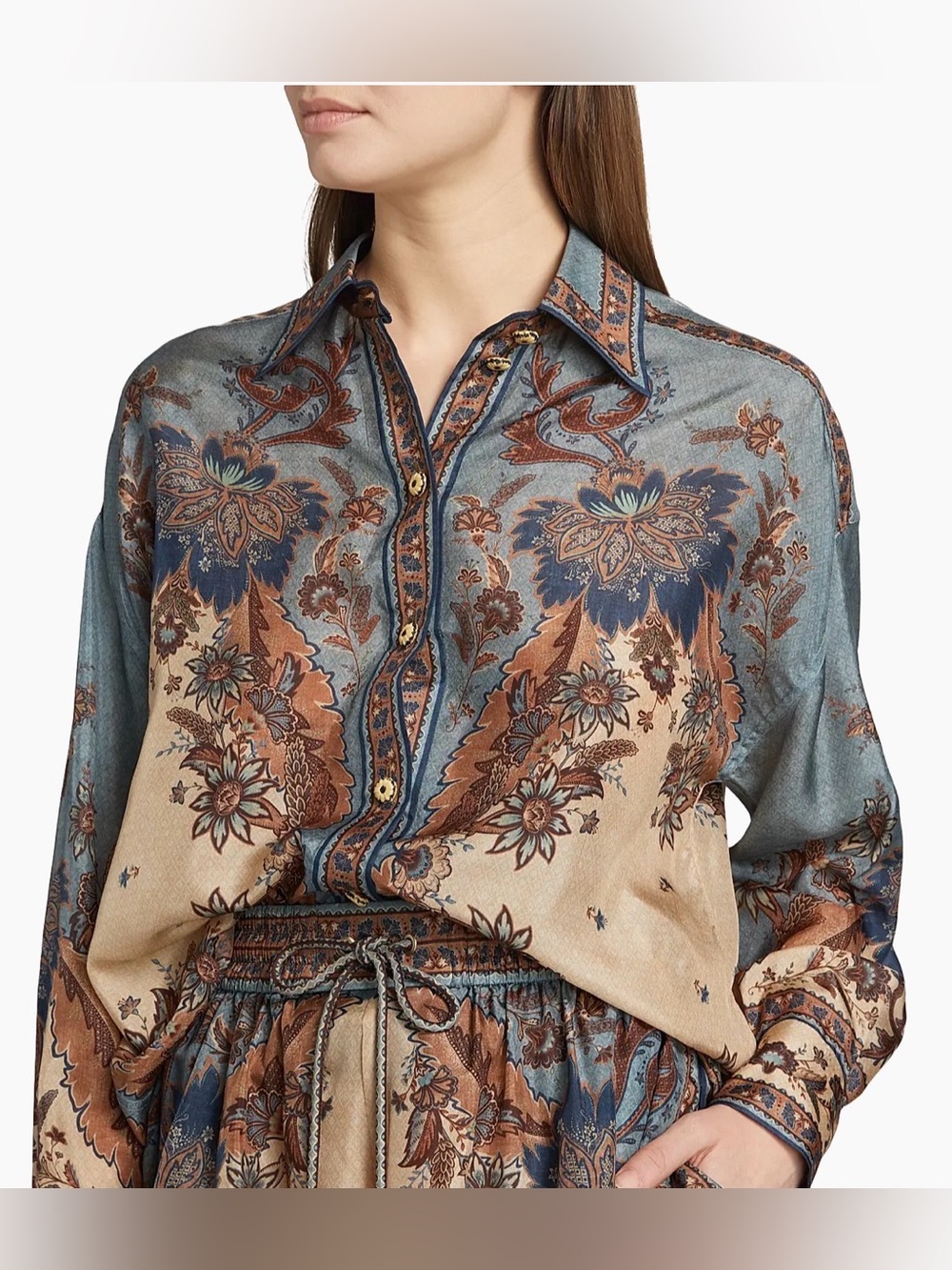 NWOT Zimmermann Ascension Silk Western Shirt in Blue Cream Indienne Floral